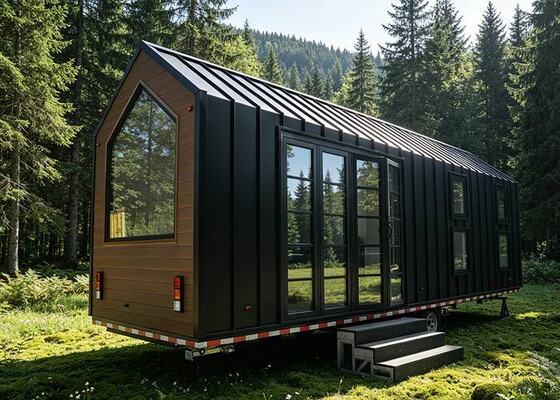 Une petite maison sur roues préfabriquée de luxe, prête à être expédiée, une cabine moderne et compacte.